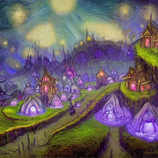 Image similar to concept art detailed painting of a dark purple fantasy fairytale fungal town made of mushrooms, with glowing blue lights, in the style of vincent van gogh and albert bierstadt and wayne barlowe