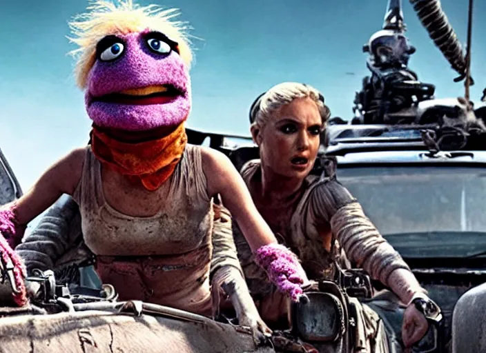 Image similar to scene from the 2015 science fiction film Muppet Mad Max: Fury Road