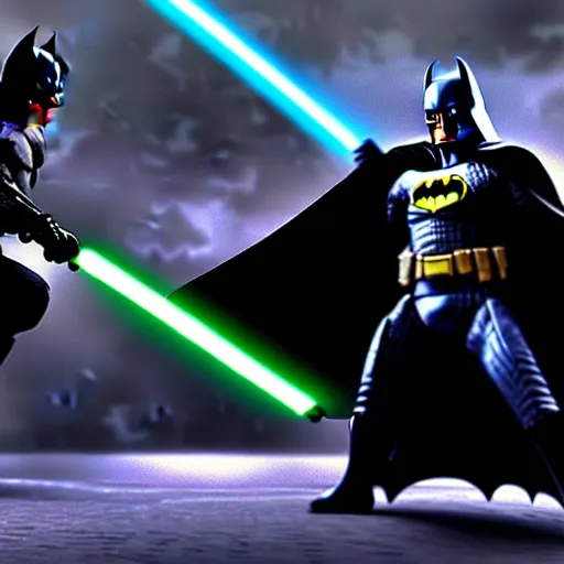 Prompt: ultra detailed picture of a fight where batman is against darth vador, unreal engine, extremely detailed, epic, dark, highly realistic, spiritual masterpiece, beautiful, ultra hd