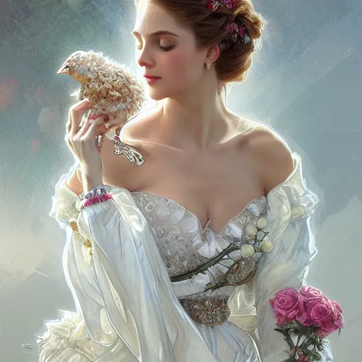 Prompt: a queen with a decorated dress made of white and cream colored roses holding a realistic and detailed white swan in her arms, highly detailed, digital painting, Trending on artstation , HD quality, by artgerm and greg rutkowski and alphonse mucha, dramatic light, octane