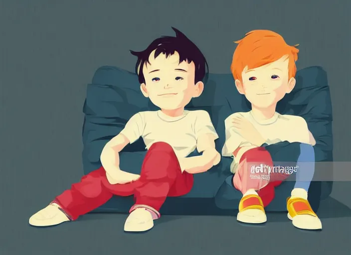 Prompt: two little boys sitting on a couch, they are best friends. a little blonde boy and a little ginger boy. clean cel shaded vector art. shutterstock. behance hd by lois van baarle, artgerm, helen huang, by makoto shinkai and ilya kuvshinov, rossdraws, illustration, art by ilya kuvshinov