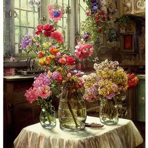 Image similar to a beautifull intricate watercolour painting of a victorian kitchen with many flowers, reflexions, verry high details by william turner art, greg rutkowski and alphonse mucha, trending on artstation, very very detailed, masterpiece,