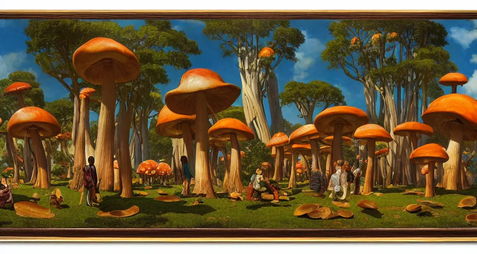 Image similar to A tribal village in a forest of giant mushrooms, by Thomas Blackshear