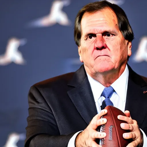 Prompt: Coach Belichick with cyborg eyes answering questions from the media about machine augmentation in football