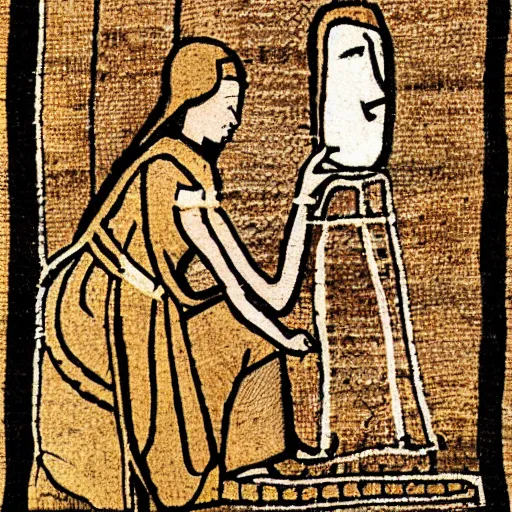 Prompt: bayeux tapestry illustration of woman looking at her iphone