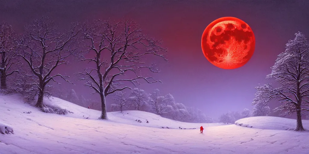 Prompt: painting a snowy landscape under a large blood red harvest supermoon, decorated, intricate, elegant, highly detailed, digital painting, artstation, concept art, smooth, sharp focus, illustration, art by gerald brom, 8 k