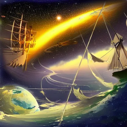 Image similar to fantasy world on top of a ship sailing in space