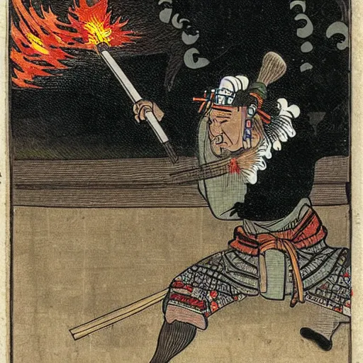 Prompt: akuma samurai setting fire to 1 6 7 5 ce village and choking a ornately feathered chicken