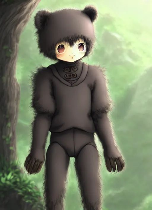 Prompt: beautiful little boy wearing an cyborg bear suit, artwork in kentaro miura and made in abyss and rosdraws, smooth, beautiful lightness, anatomically correct, trending on pixiv, forest