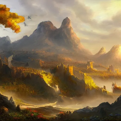 Image similar to a painting of a beautiful fantasy landscape. A giant attacks a small town, trending on artstationhd