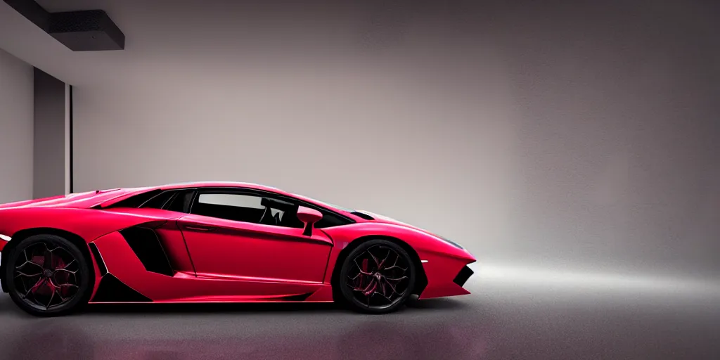 Prompt: Lamborghini Aventador LP 700-4 in red with pearl effect with purple spoilers on a sunny highway, side view concept art 3D digital art product design render in light room photo studio, octane rendering, dramatic lighting, HDR, VRAY 2k render, ray tracing