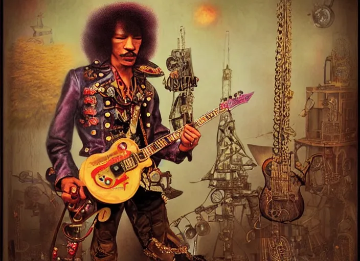 Image similar to steampunk jimi hendrix, lowbrow, matte painting, 3 - d highly detailed, in the style of mark ryden,