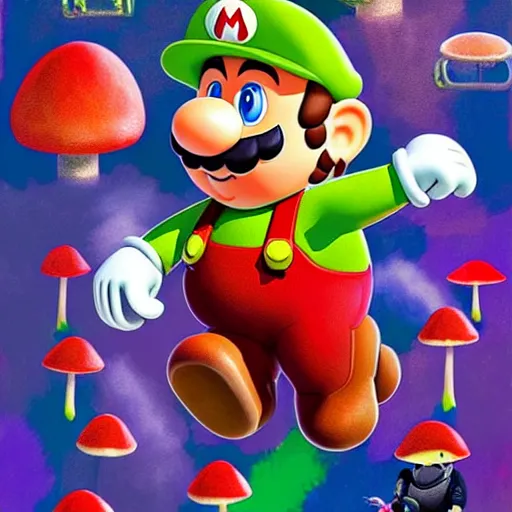 Image similar to a realistic portrait chris pratt as super mario running in a field of mushrooms by android jones