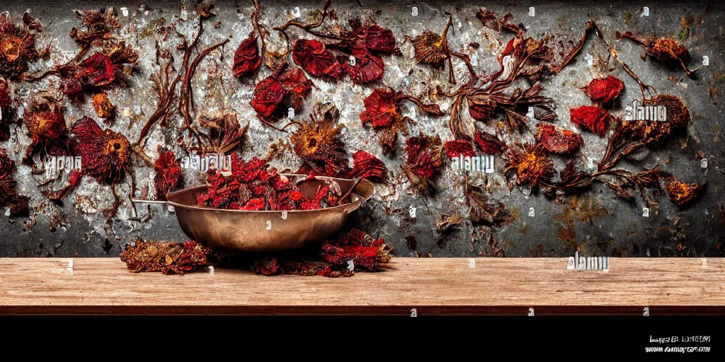 Prompt: side view, decaying rotting red fruits, moldy, on an antique distressed table top, dried flowers, metal kitchen utensils, old kitchen backdrop, dark kitchen, style by peter lippmann, intricate detail,