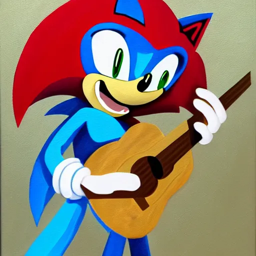 Prompt: oil painting of a sonic plays guitar