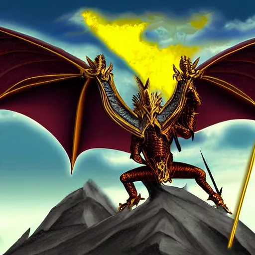 Image similar to anthromorphed winged dragon armored with a golden armor holding a yellow sword on top of a mountain, digital art, matte painting