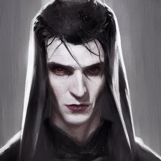 Prompt: portrait of a man by greg rutkowski, he looks like a vampire, long black messy hair, very tall and slender, star wars expanded universe, wearing black robes, he is about 3 0 years old, highly detailed portrait, digital painting, artstation, concept art, smooth, sharp foccus ilustration, artstation hq