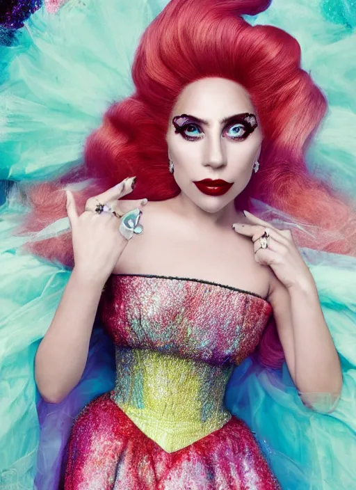 Image similar to lady gaga photohoot artpop disney princess, vogue magazine, fairytale, Highly realistic. High resolution. Highly detailed. Dramatic. 8k.4k.