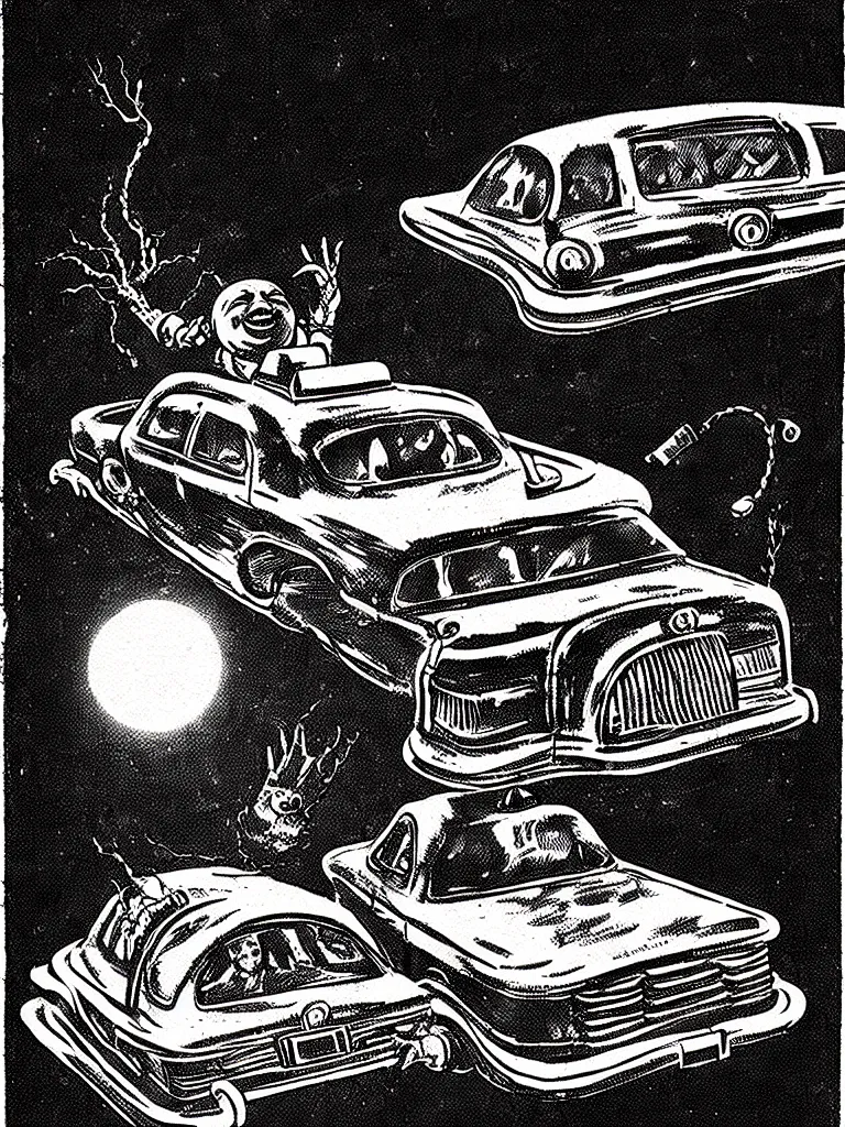 Image similar to Vintage Horror Illustration of a Blob Creature Consuming a Taxi Cab. Glowing , Spooky lighting , Pinterest