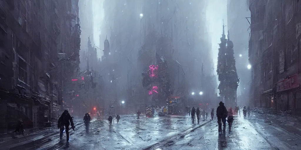 Image similar to cyberpunk depiction of the city of gdansk during arctic conditions by greg rutkowski