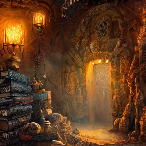 Image similar to epic view of an ancient dark byzantine cave interior, ornate oil lamp on a pile of crystals, books covered in jewels, ornate, surrounded by strange statues and treasure, full of sand and glitter, hyper real, Indiana Jones, Tomb Raider, trending on artstation, concept art, cinematic, jewels, by Jordan Grimmer