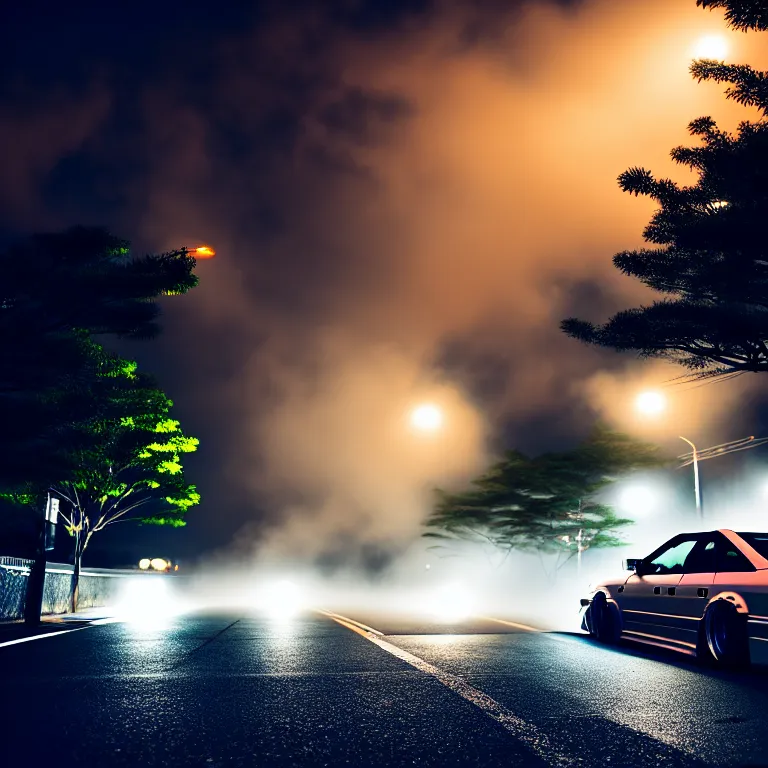 Prompt: one car JZX90 twin turbo drift middle of empty street, misty kanagawa prefecture, night, cinematic color, photorealistic, highly detailed,