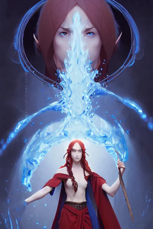 Image similar to elvish female sorcerer doing water magic spells, blue robes, red hair, finely detailed perfect face, exquisite details, mid view, design on a white background, by studio muti, greg rutkowski makoto shinkai takashi takeuchi studio ghibli