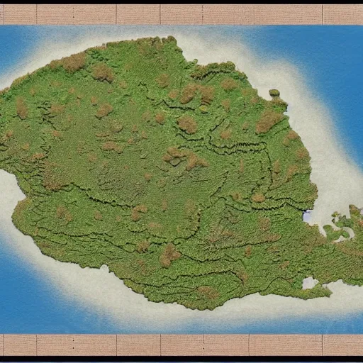 Prompt: an imaginary map full of islands, big and small, highly detailed terrain, vegetation, and climate... top down view