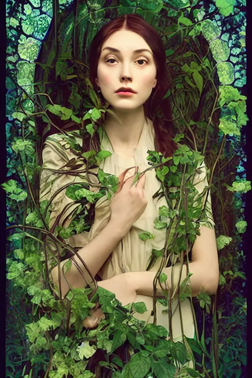 Image similar to an ( ( ( ( ( ( ( esoteric woman ) ) ) ) ) ), blending into nature!!!! with a beautiful face!!! cinematic lightning, isolated, studio lighting by alphonse mucha and tom bagshaw