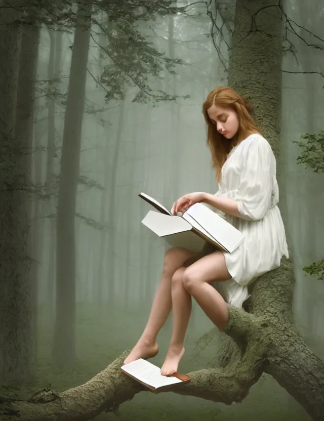 Image similar to Girl in white reading a book sitting on a tree in a foggy forest, Cinematic focus, Polaroid photo, vintage, neutral colors, soft lights, by Steve Hanks, by Serov Valentin, by lisa yuskavage, by Andrei Tarkovsky 8k render, detailed, oil on canvas