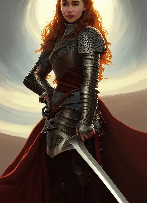 Image similar to portrait of emilia clarke as a knight, medival armor, redhead, sword, dark ages, intricate, headshot, highly detailed, digital painting, artstation, concept art, sharp focus, cinematic lighting, illustration, art by artgerm and greg rutkowski, alphonse mucha, cgsociety