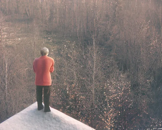 Image similar to lomographic tarkovsky film still of 4 0 years russian man with beard and sweater standing on small hrushevka 9 th floor balcony in taiga looking at sunset, perfect faces, cinestill, bokeh