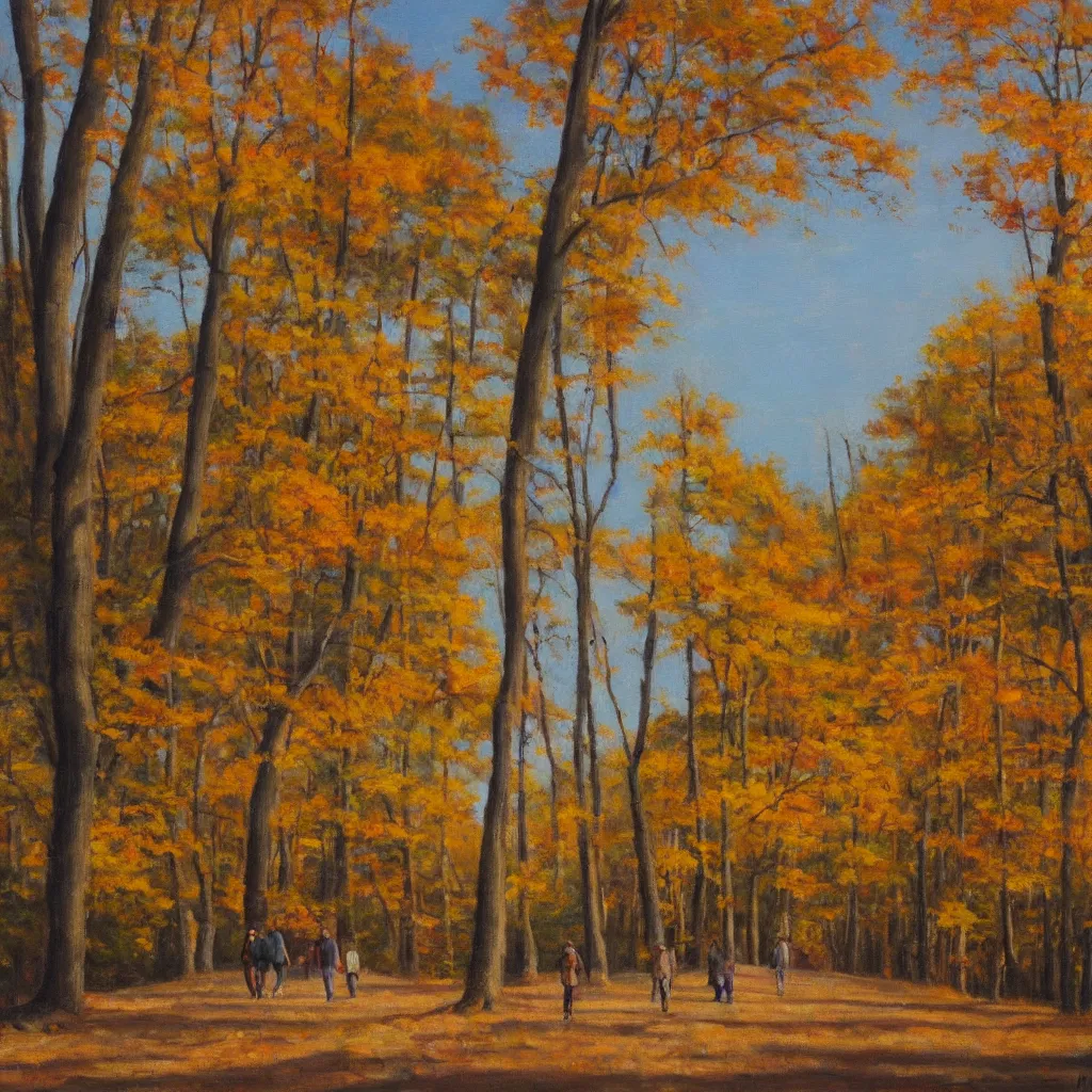 Image similar to modern american realist oil painting of walking together in the late afternoon golden hour light of gatineau park in october