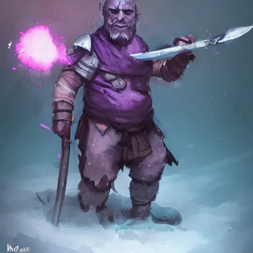 Prompt: male duergar adventurer with purple skin, by Ismail Inceoglu, wearing leather adventuring clothes, shabby, short, bald, wielding knife, mischievous grin, character portrait, digital art, dungeons and dragon, character