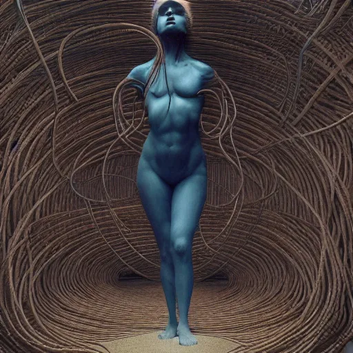 Prompt: photo of a woman wrapped around by tubes and cables, by Edgar Maxence and Ross Tran, Zdzisław Beksiński, and Michael Whelan, distant, gustav dore, H.R. Giger, 8k, octane render