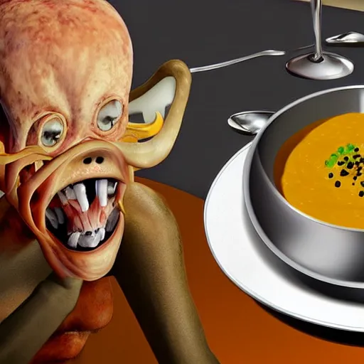 Image similar to a modernized alien enjoying himself a bowl of split pea mushroom soup a 5 star restaurant in the bronx, photorealistic, highly detailed, photography, refined spontaneity