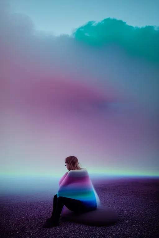 Image similar to high quality pastel coloured film close up wide angle photograph of a model wearing clothing resting on cloud furniture in a icelandic black rock!! environment in a partially haze filled dreamstate world. three point light, rainbow. photographic production. art directed. pastel colours. volumetric clouds. pastel gradient overlay. waves glitch artefacts. extreme facial clarity. 8 k. filmic.