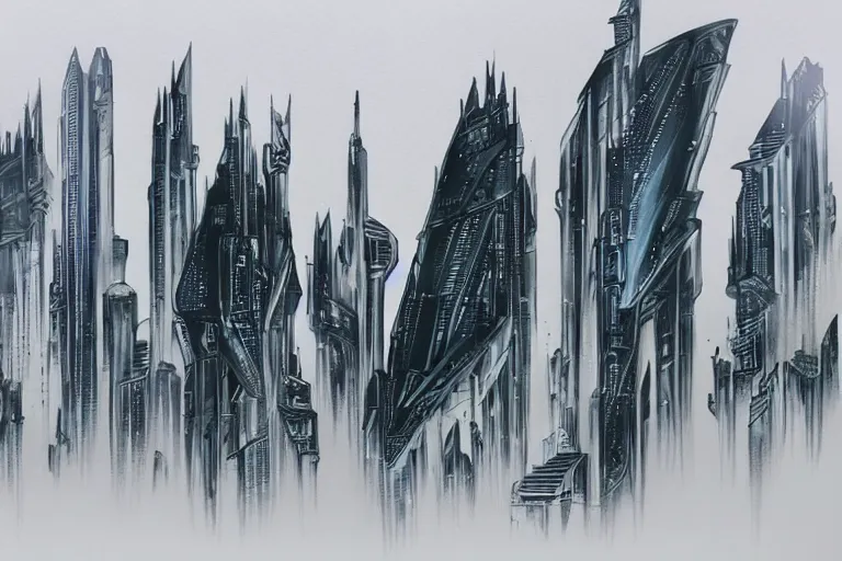 Image similar to futuristic, cyberpunk, martian architecture, minimalistic ink airbrush painting on white background, outline