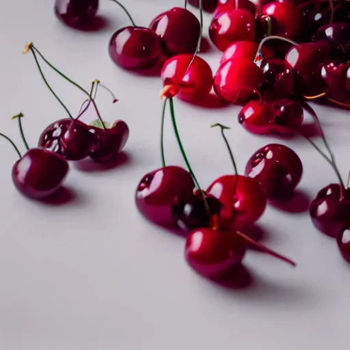 Image similar to perfume bottle surrounded by dark red cherries, softly - lit, realistic, up close shot, white background, zen, light, modern minimalist f 2 0