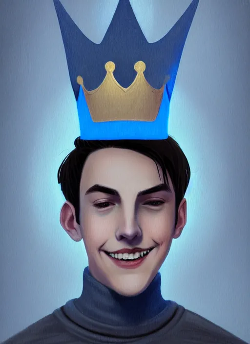 Image similar to portrait of teenage jughead jones wearing a light grey crown, crown, blue turtleneck, closed eyes, eyes closed, smile, crown, black hair, intricate, elegant, glowing lights, warm lighting, highly detailed, digital painting, artstation, concept art, smooth, sharp focus, illustration, art by wlop, mars ravelo and greg rutkowski