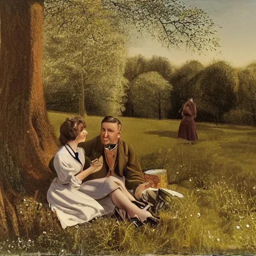 Prompt: by john reuss, by bert hardy brash, artificial. a computer art of a young woman & a well - dressed man enjoying a picnic lunch on a grassy knoll. the man is shown seated facing the woman, & he is looking directly at her. both figures are surrounded by a dense forest.