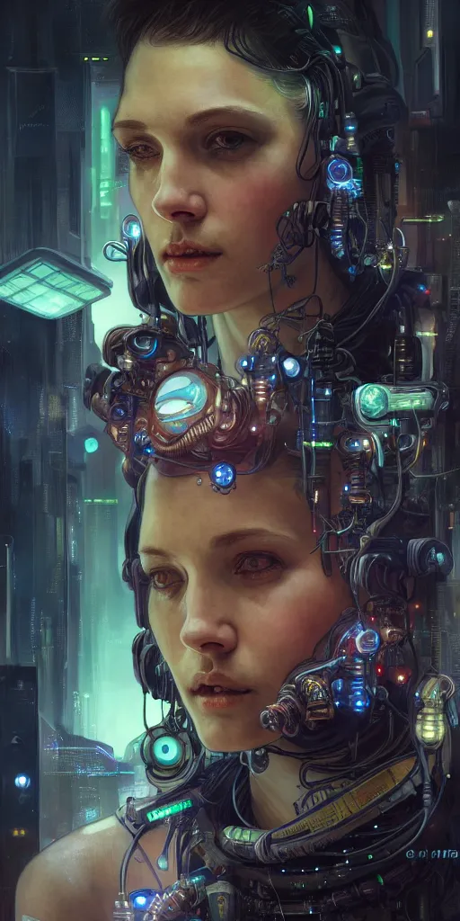 Image similar to ultra detailed, realistic cyberpunk portrait, sci fi, cybernetic, wires, robotics, ar nouveau, by alfons maria mucha, dark, high detailed, 4 k, hd, high quality