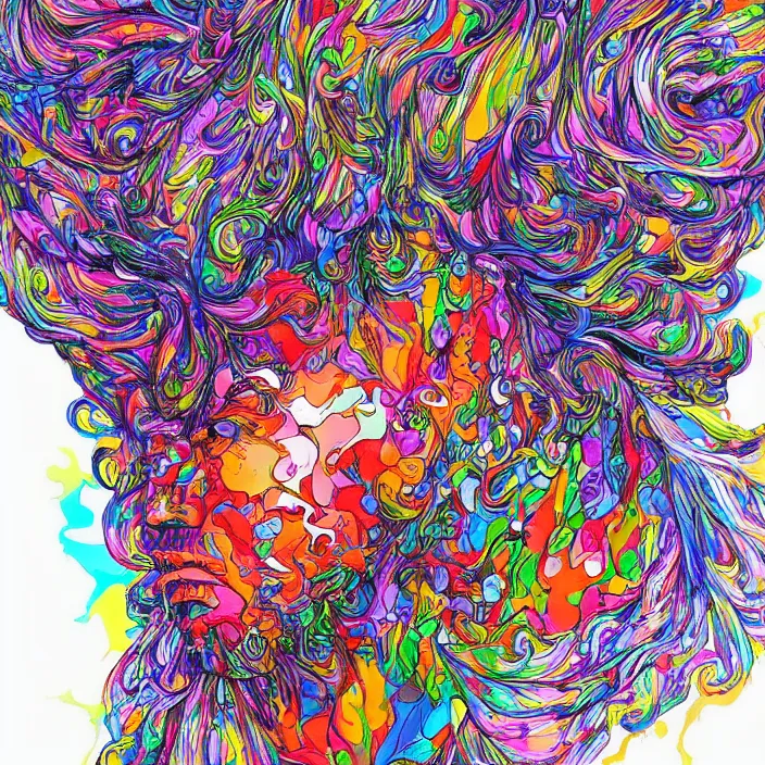 Prompt: illustration of a colorful melting human head. flowers and blossoms, ferrofluids, burning water distortions. intricate abstract. intricate artwork by katsuhiro tomo