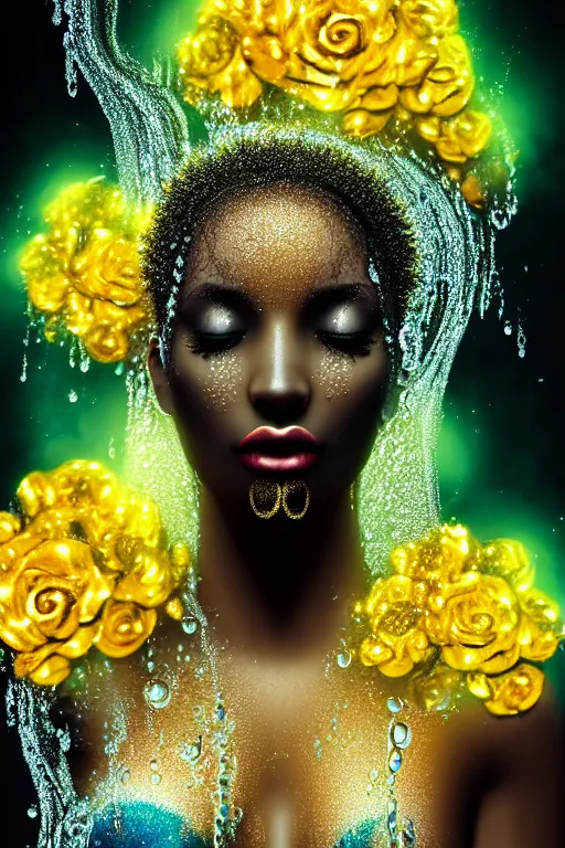 Image similar to hyperrealistic postrococo cinematic very expressive! black oshun goddess, in water up to her shoulders, mirror dripping droplets!, gold flowers, highly detailed face, digital art masterpiece, smooth eric zener cam de leon dramatic pearlescent volumetric teal light, high angle uhd 8 k, sharp focus