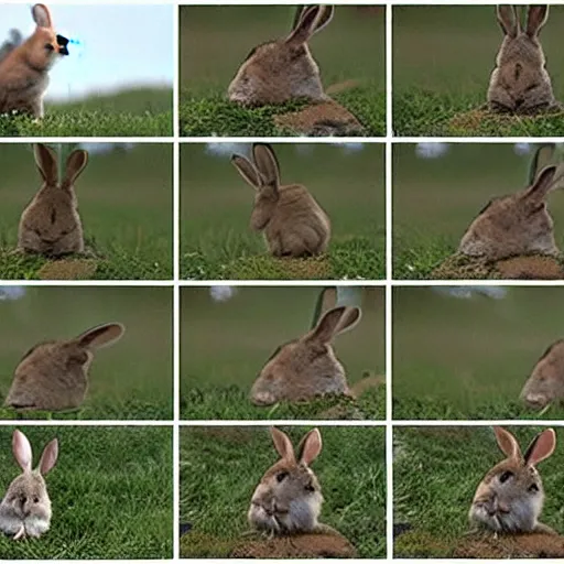Image similar to a video of a rabbit jumping up over a fence, shown as a film strip showing 9 sequential stills from the video in a grid