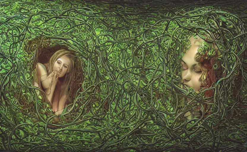 Prompt: a person trapped in the fetal position inside of extremely thick vines intertwined, central circular composition, high saturation, epic lighting, in the style of Peter gric and Hannah yata 8k