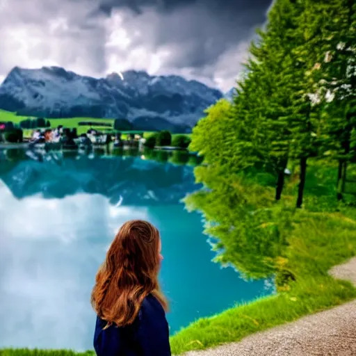 Image similar to a beautiful photograph of a girl with switzerland landscape in the background with trees, hdr, 8 k, high quality, sharp focus, artstation, highly detailed, award - winning, dramatic lighting, beautiful clouds, and nature