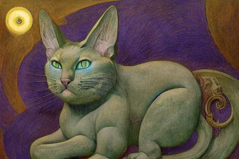 Prompt: ornate mechanical cat, by annie swynnerton and diego rivera and nicholas roerich and jean delville, symbolist, dramatic lighting, god rays, elaborate geometric ornament, art brut, colors are soft greens and blues and purple, smooth, sharp focus, extremely detailed, adolf wolfli and ( donato giancola )