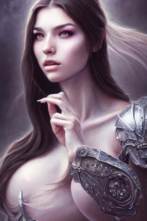 Image similar to a photorealistic painting of an attractive young girl, partially clothed in ethereal armor emitting psychic powers, beautiful bone structure, perfect eyes, intricate, elegant, highly detailed, hyper detailed, trending on tumblr, by artgerm, by loish, fantasy scene, fantasy aesthetic, trending on Artstation