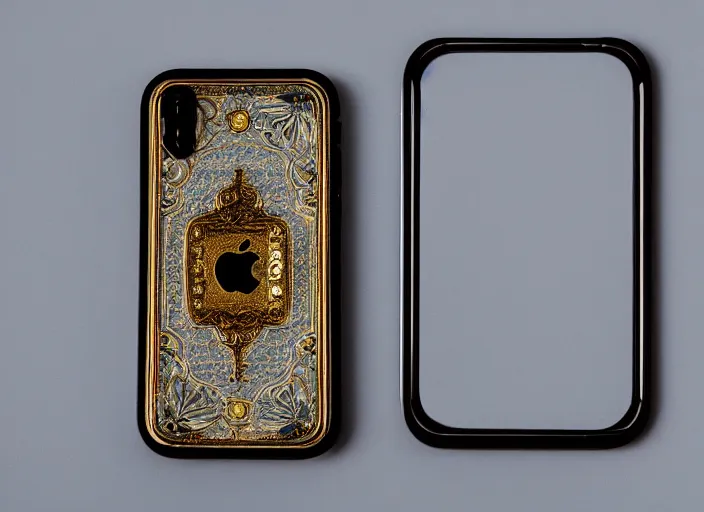 Image similar to photo still of an iphone with decoration from the year 1 9 0 1, in a room from 1 9 0 1, 8 k, studio lighting bright ambient lighting key light, 8 5 mm f 1. 8